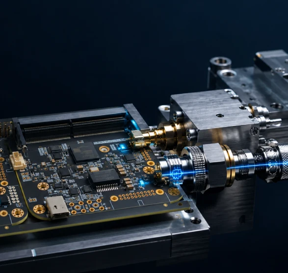 Integrated PCB hardware with precision RF connectors and coaxial cabling